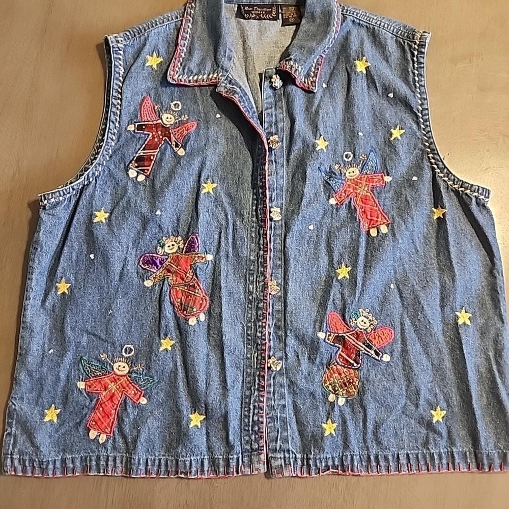 Vtg Angel Vest Embroidered Grandma Library Teacher New Direction Woman 2X Denim